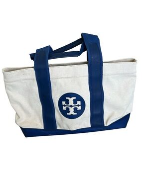 Tory Burch Large Ivory Canvas & Blue Vinyl Shoulder Beach Tote Bag Handbag